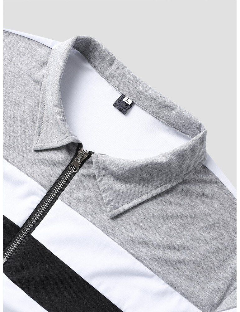 Men Colorblock Fit Front Zipper Soft Formal Business Polos Shirts