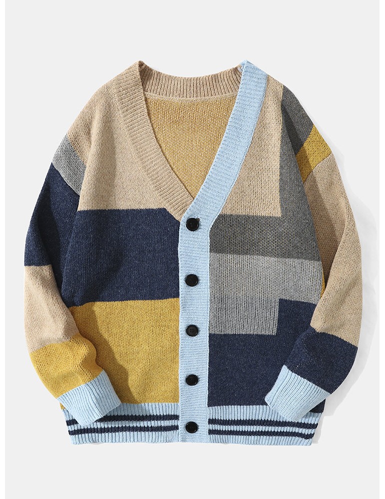 Men Knitted Patchwork Color Block Button V-neck Casual Sweaters