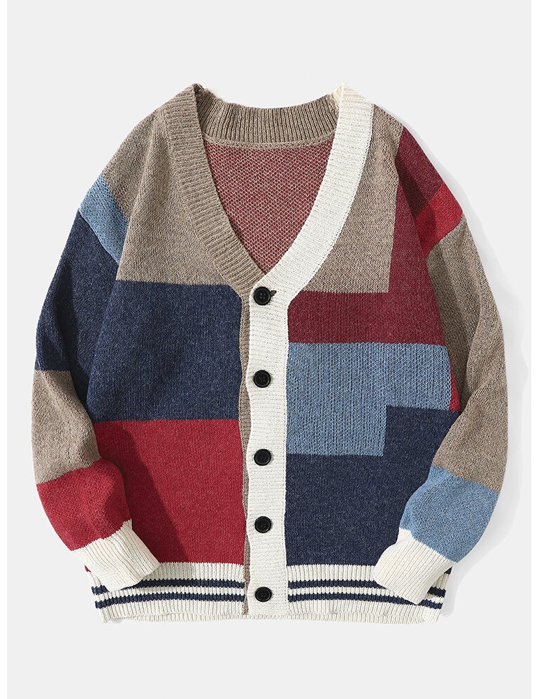 Men Knitted Patchwork Color Block Button V-neck Casual Sweaters